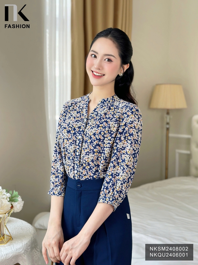 Sơ mi hoa tay lỡ cổ tàu màu sắc mới, kiểu cách, dễ mặc NKSM2408002