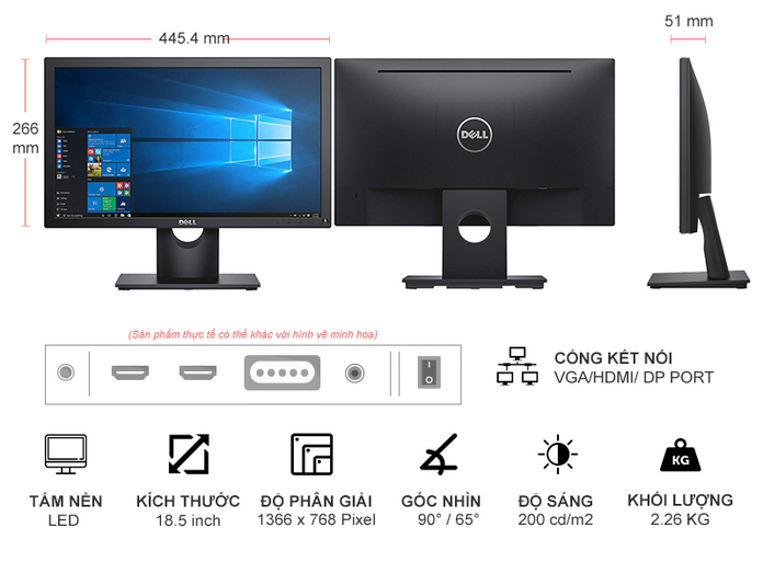 Màn hình Dell E1916HV (18.5 inch/HD/TN Phẳng/60Hz/Đen)