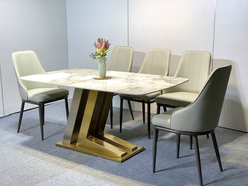 Bàn Ăn Mặt Đá Marble Chân Inox Mạ Chữ V CBM03 tổng thể