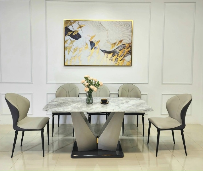 Bộ bàn ăn 5 ghế chữ V thép bóng