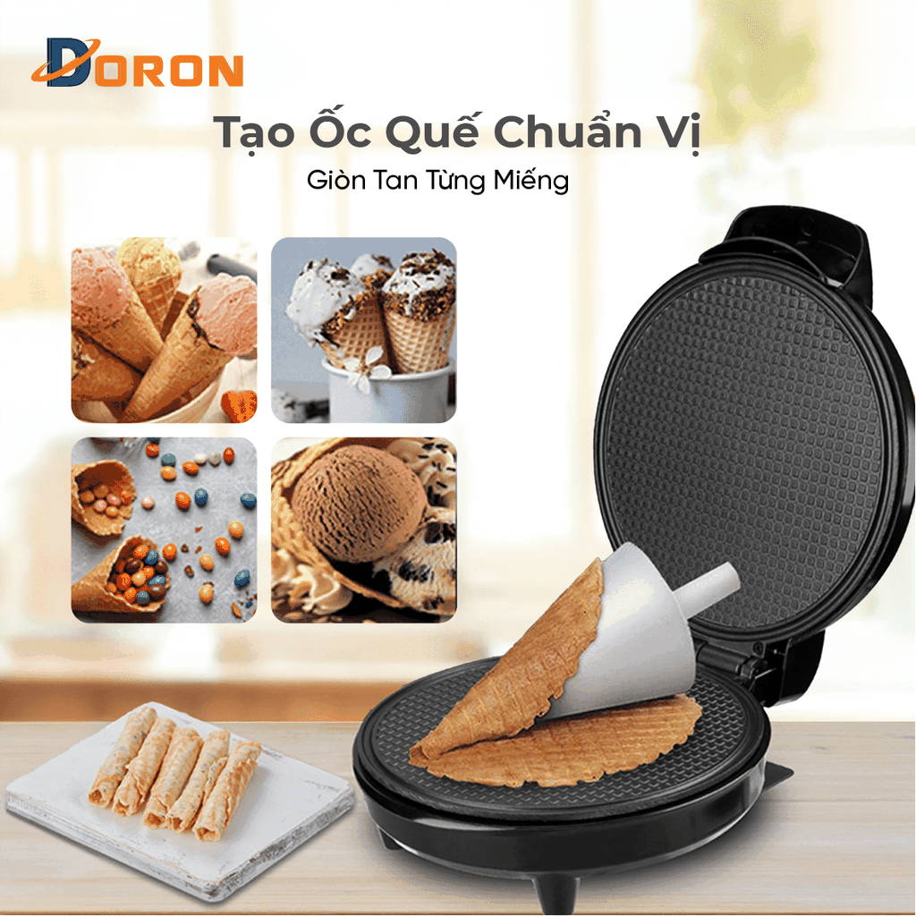 Máy làm ốc quế đơn DORON_123, 1000W làm vỏ ốc quế cuộn