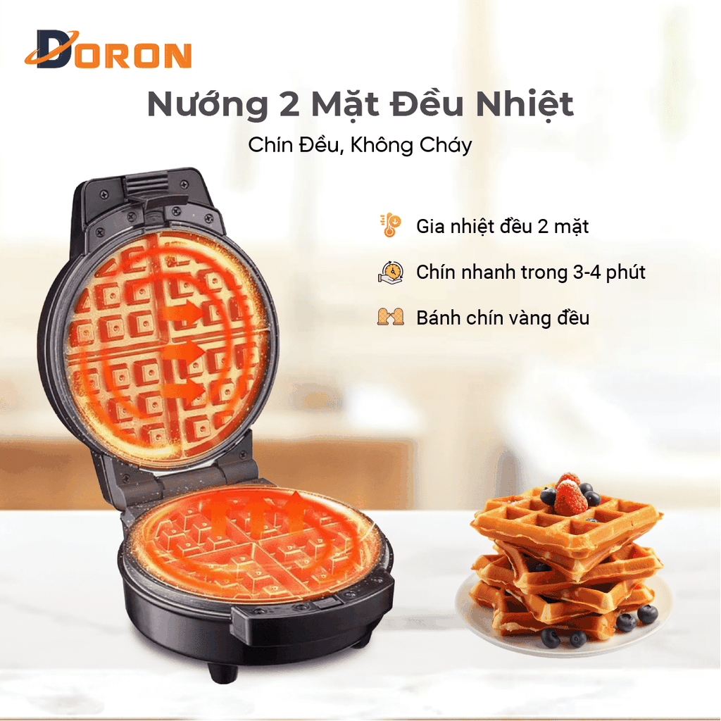 Máy làm bánh waffle bông lan đơn DORON_177, 1200W kiểm soát nhiệt độ chính xác, bánh thơm ngon