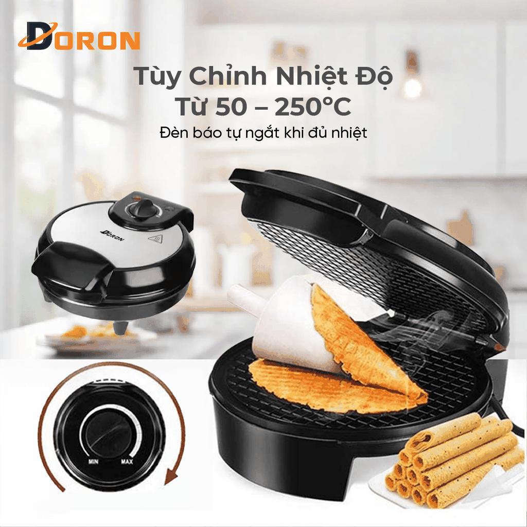 Máy làm ốc quế đơn DORON_123, 1000W làm vỏ ốc quế cuộn