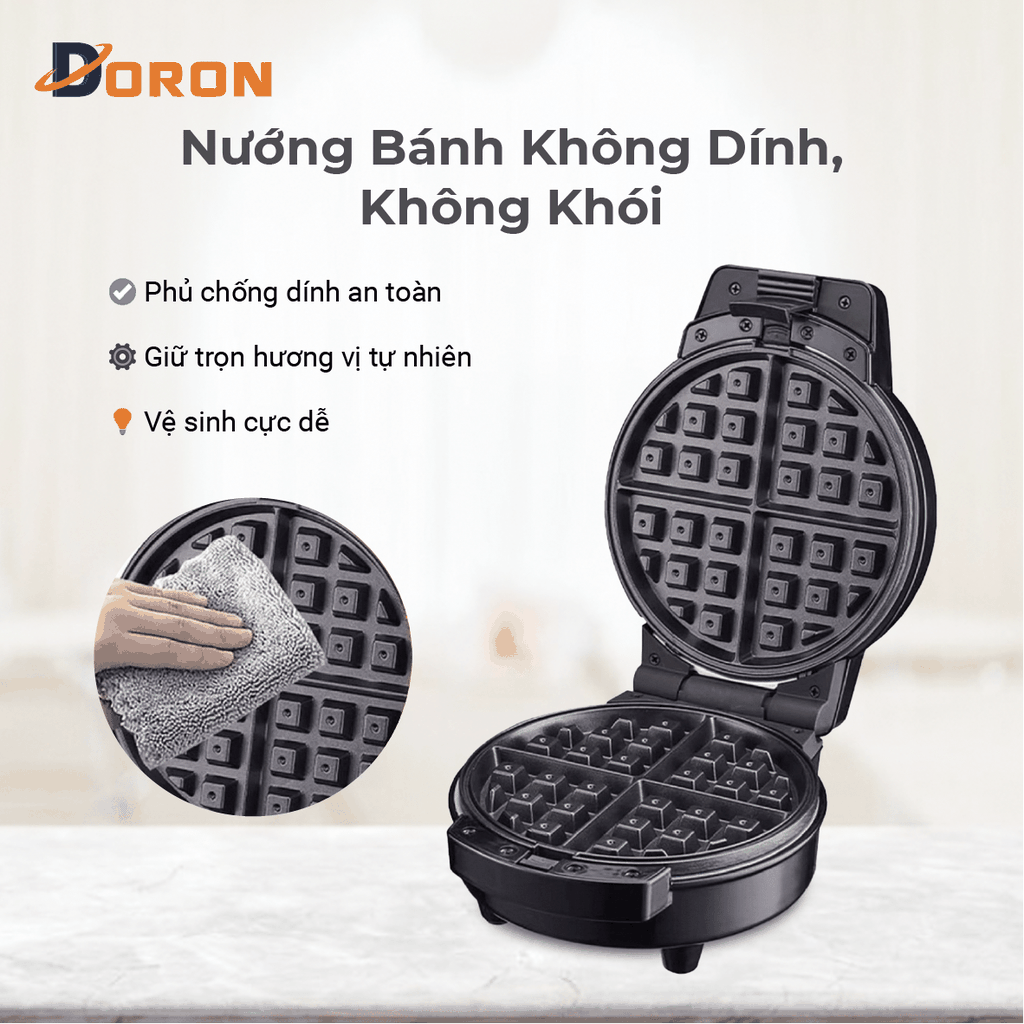 Máy làm bánh waffle bông lan đơn DORON_177, 1200W kiểm soát nhiệt độ chính xác, bánh thơm ngon