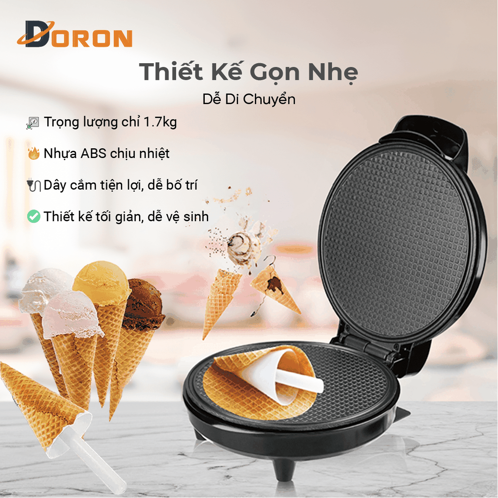 Máy làm ốc quế đơn DORON_123, 1000W làm vỏ ốc quế cuộn