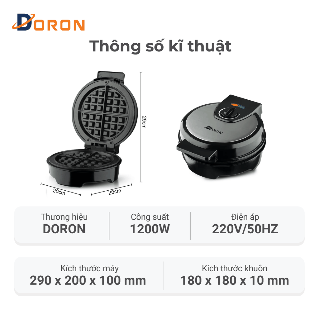 Máy làm bánh waffle bông lan đơn DORON_177, 1200W kiểm soát nhiệt độ chính xác, bánh thơm ngon