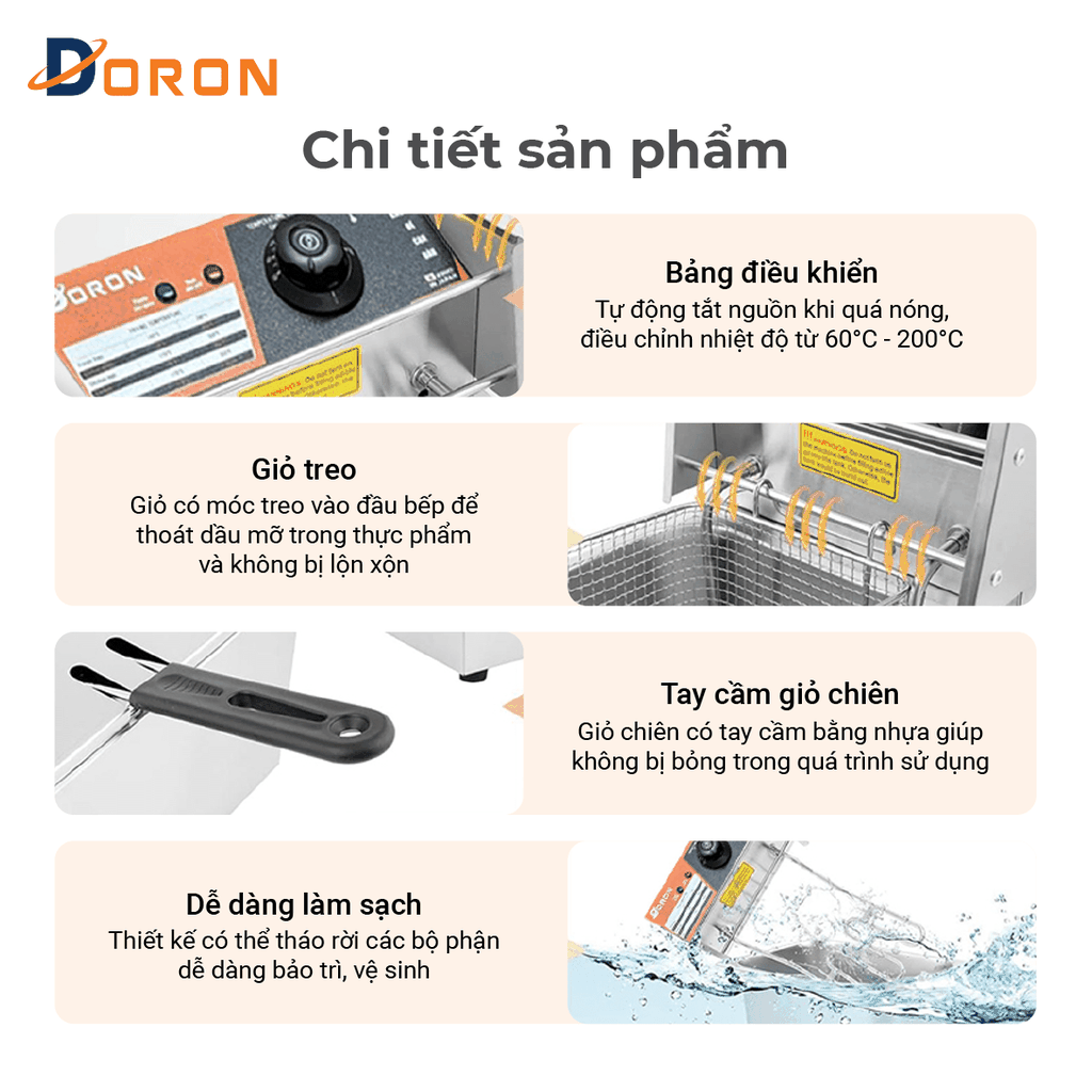 Bếp chiên nhúng điện 12L đôi DORON 5000W nhiệt độ cao, sôi cực nhanh