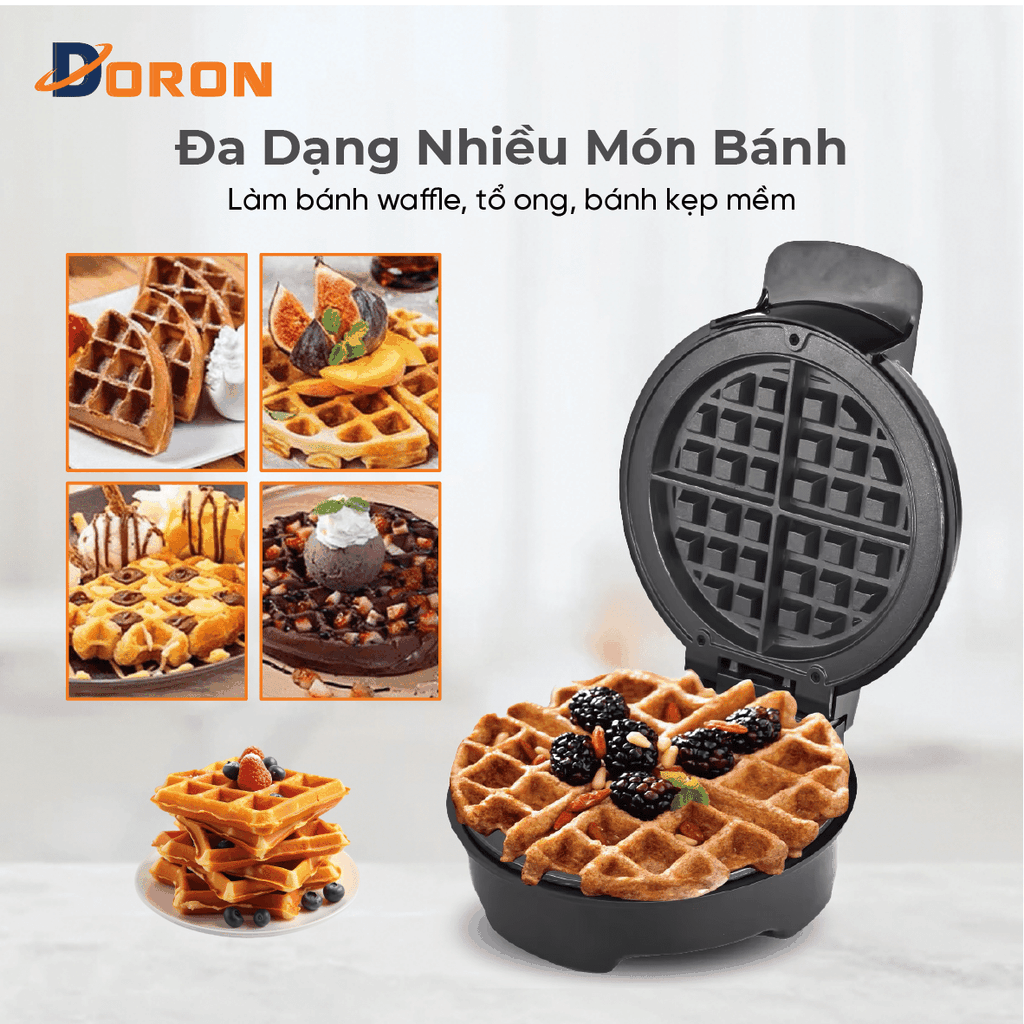 Máy làm bánh waffle bông lan đơn DORON_177, 1200W kiểm soát nhiệt độ chính xác, bánh thơm ngon