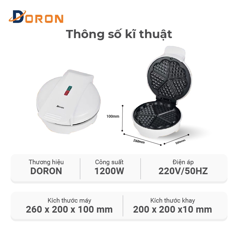 Máy làm bánh waffle đơn DORON_146 1200W nướng bánh waffle gia đình, làm nóng nhanh