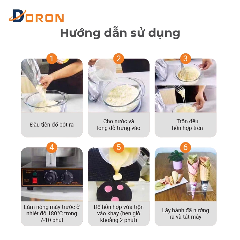 Máy làm bánh ốc quế công nghiệp đôi DORON_131 2400W kiểm soát nhiệt độ chính xác, bánh thơm ngon