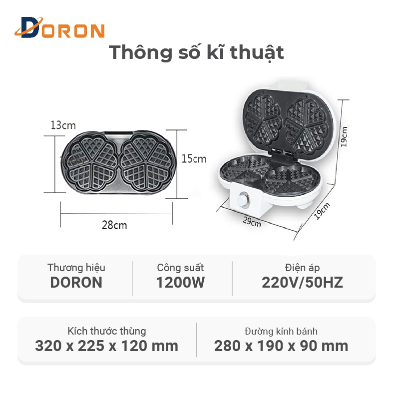 Máy làm bánh waffle đôi DORON 147 1200W điều chỉnh 50 - 250 độ, làm nóng nhanh