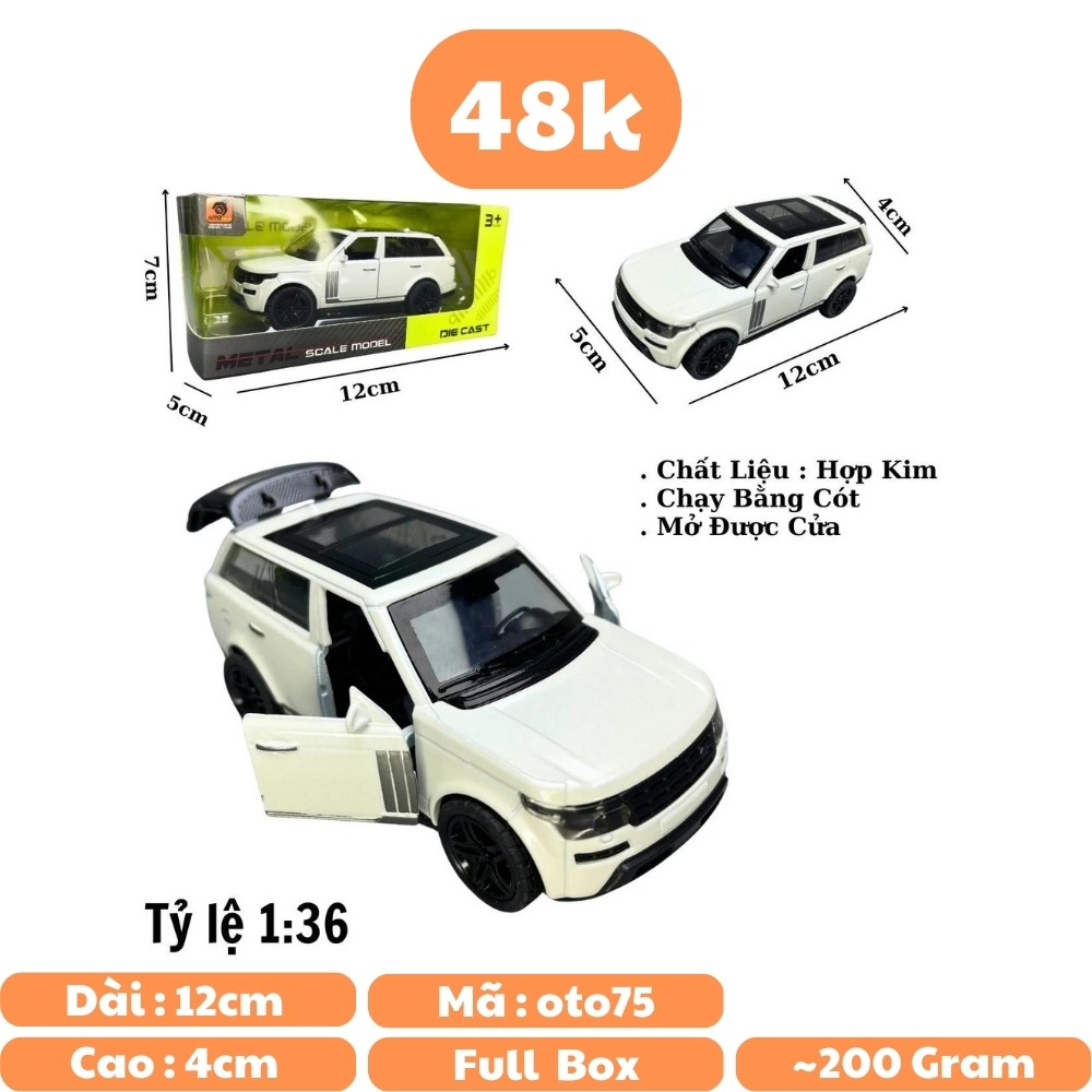 Mô Hình xe Range Rover màu trắng - tỉ lệ 1:36 Hợp kim có thể mở cửa - bánh sau chạy cót - Dài 12cm - rộng 5cm - cao 4cm - nặng : 200gram - FULL BOX : box màu - OTO75 - K63-T2-S10