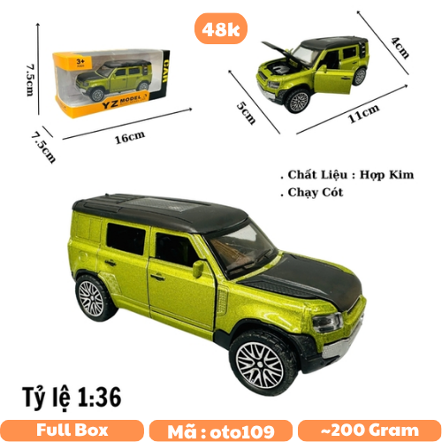 Mô Hình Ran Rover Defender  Xanh Rêu- tỉ lệ 1:36 Hợp kim có thể mở cửa - bánh sau chạy cót - Dài 12cm - rộng 5cm - cao 4cm - nặng : 100gram - FULL BOX : box màu SKU : oto109 - K64-T2-S1