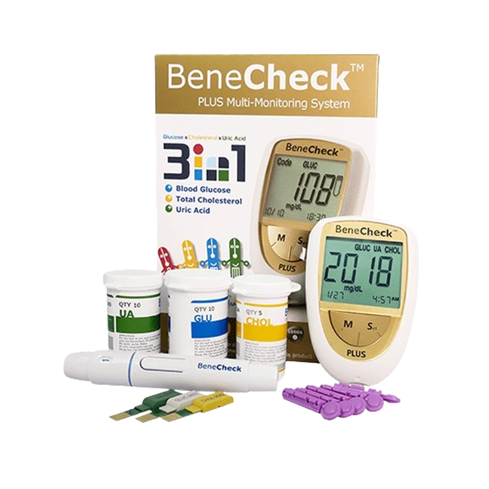Máy đo 3 in 1 đường huyết, mỡ máu, gout BeneCheck - Trọn bộ