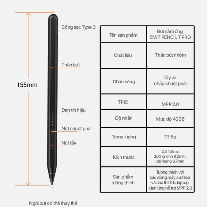 Bút cảm ứng C W T CHILL WITH TATTY PENCIL TPRO dùng cho laptop cảm ứng,surface có chống tì đè,cảm ứng nét nghiêng,nhạy