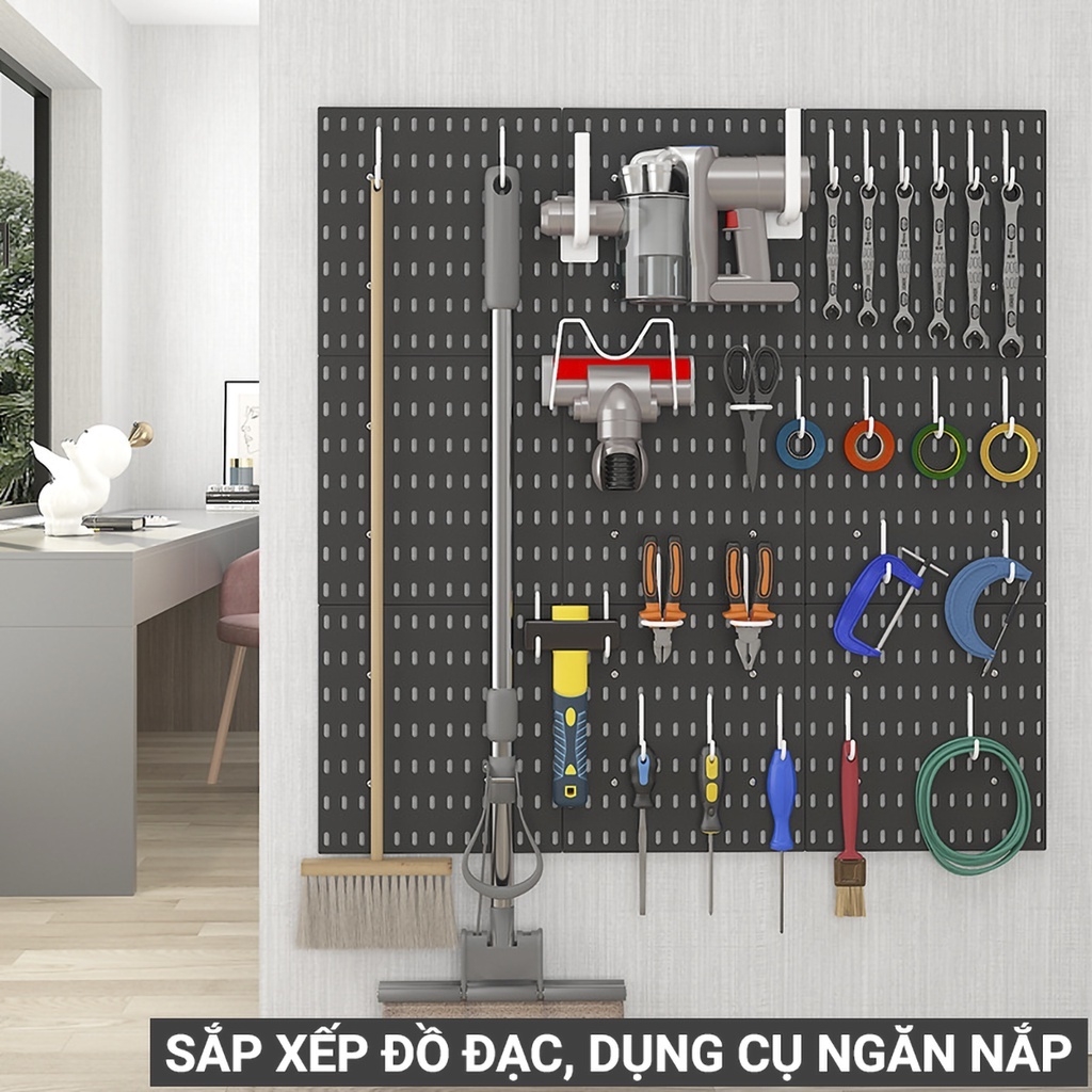 Kệ giá treo tường trang trí pegboard để đồ decor bàn học phòng bếp nhà tắm kèm phụ kiện, dán tường không cần khoan đục