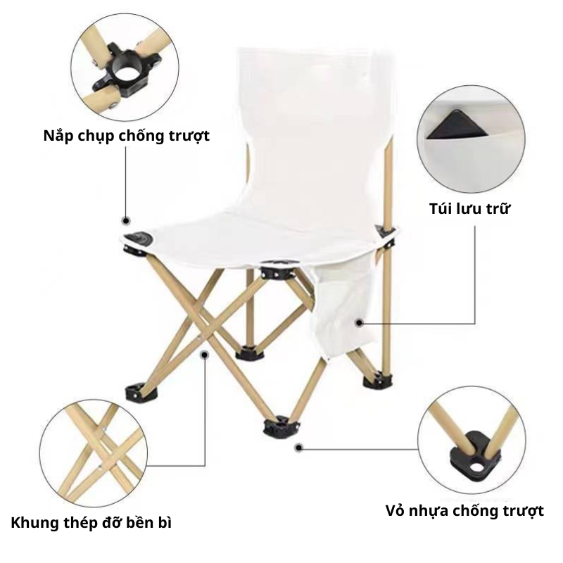 Ghế xếp du lịch dã ngoại câu cá khung thép gấp gọn, ghế di cắm trại picnic tặng kèm túi đựng tiện lợi