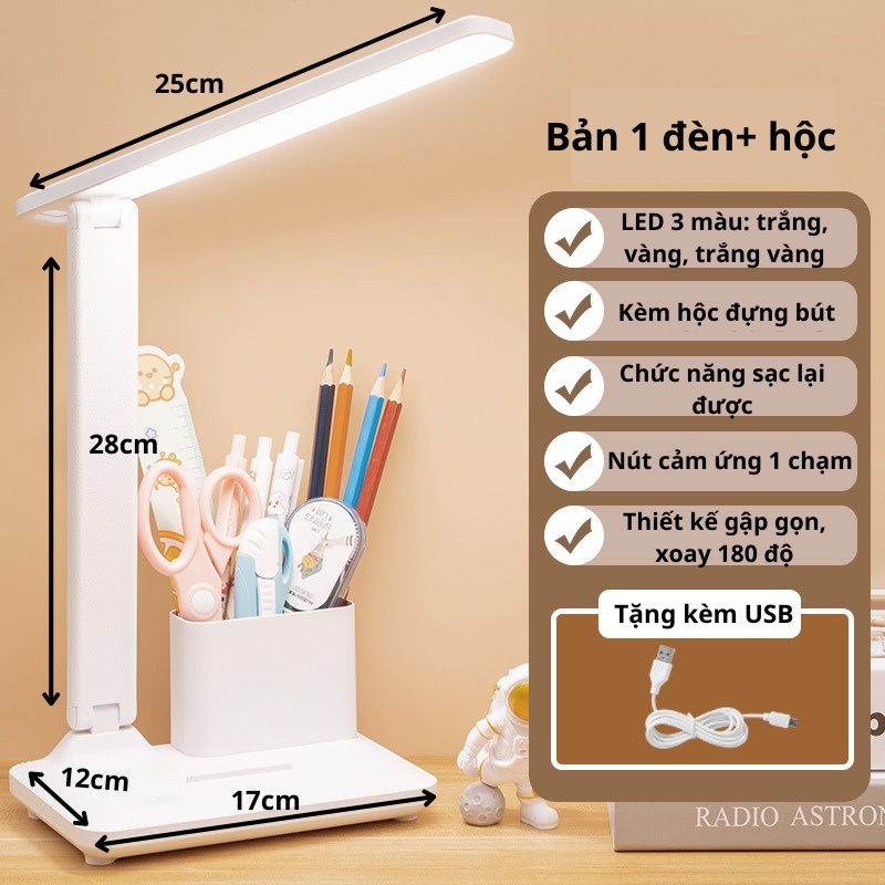 Đèn học LED không ánh sáng xanh có 3 màu kèm nút cảm ứng, đèn học thông minh gấp gọn chống cận để bàn tặng kèm dây USB