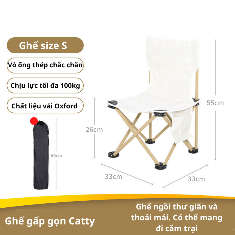 Ghế xếp du lịch dã ngoại câu cá khung thép gấp gọn, ghế di cắm trại picnic tặng kèm túi đựng tiện lợi