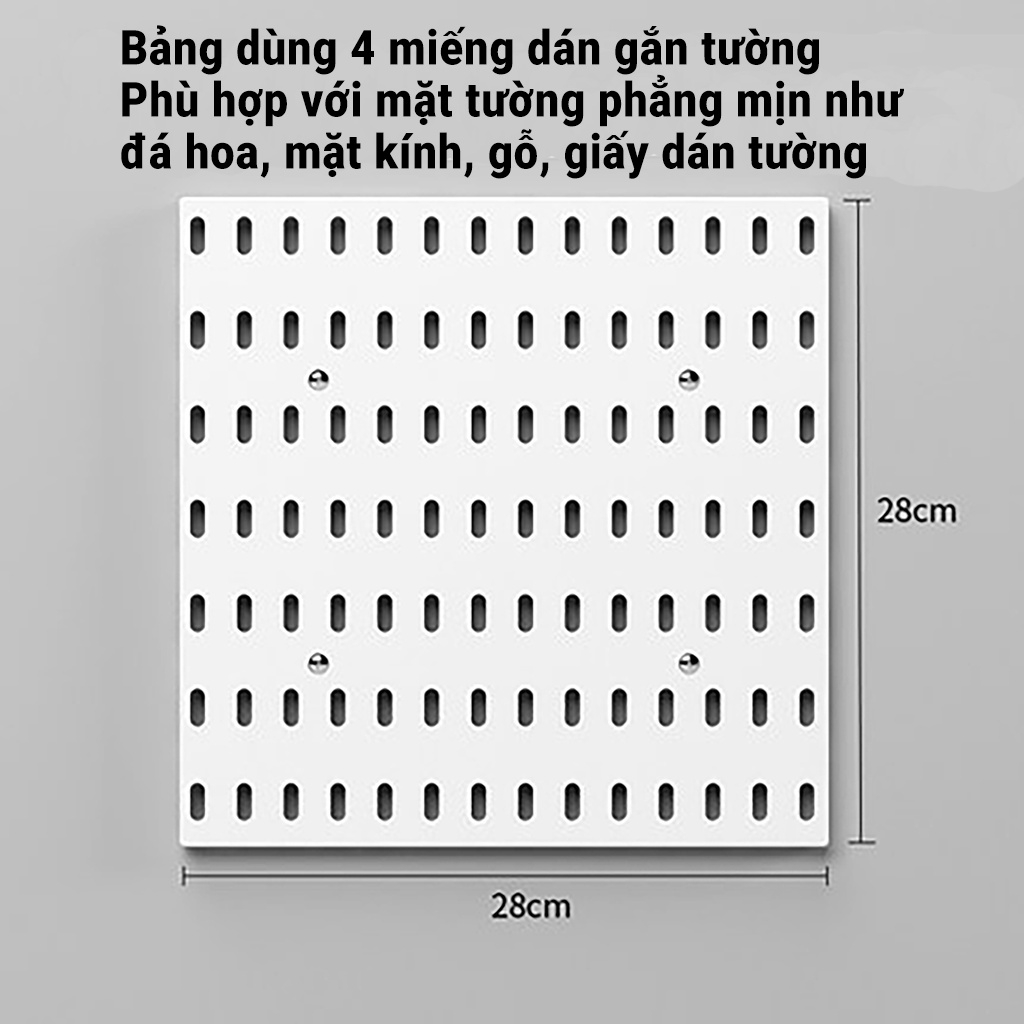 Kệ giá treo tường trang trí pegboard để đồ decor bàn học phòng bếp nhà tắm kèm phụ kiện, dán tường không cần khoan đục