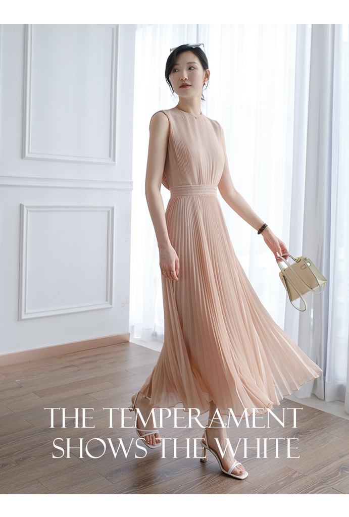 Đầm midi voan xếp li cộc tay hồng phấn đầm dự tiệc phiên  Xiny D165230