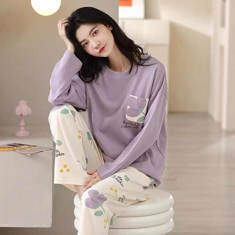 Bộ đồ ngủ thun gân cao cấp họa tiết họa hình dể thương thu đông mới nhất D542240