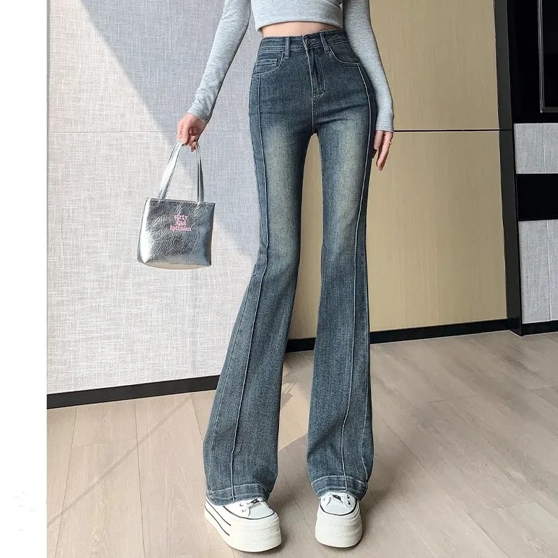 Quần jean cạp cao ống rộng dáng ôm dài phối viền phong cách Hàn Quốc QJ019250