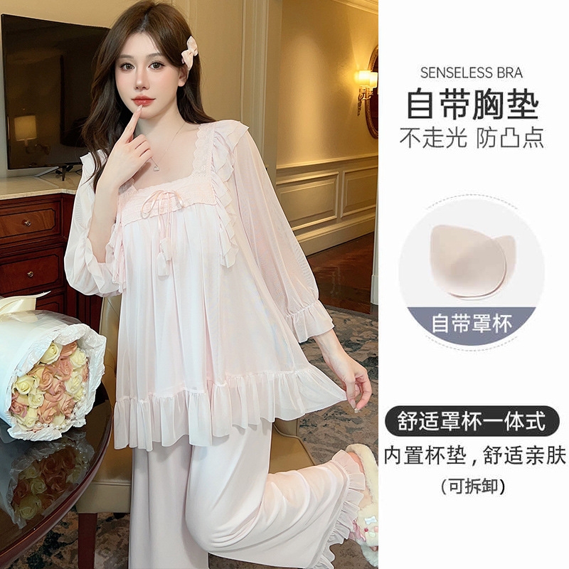 Đồ Ngủ Công Chúa Phong Cách Mới, Màu Trơn Cổ Vuông Ren Ngọt Ngào Lưới Rộng Rãi DN169250