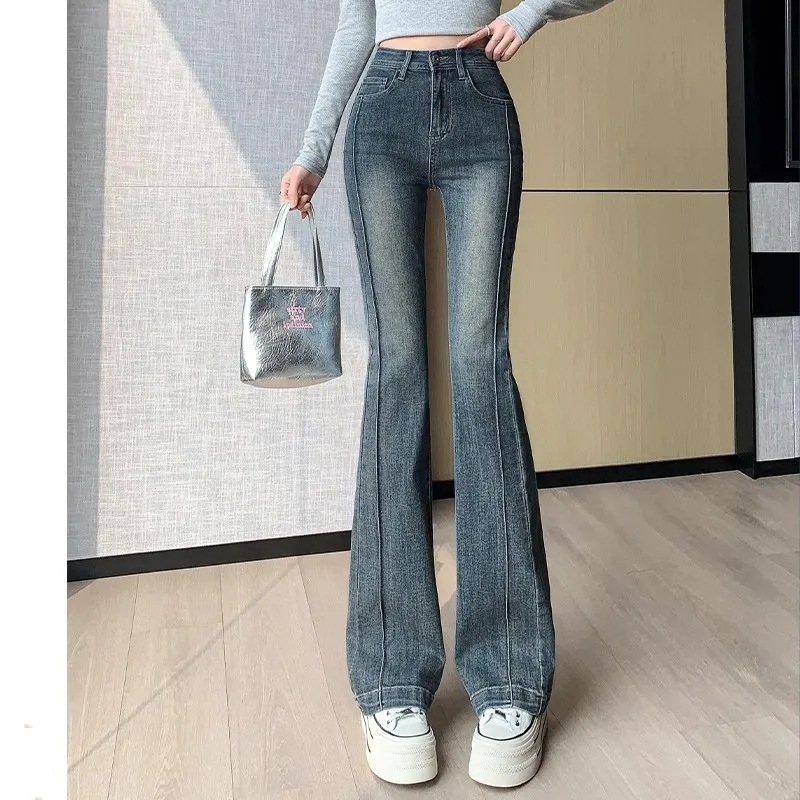 Quần jean cạp cao ống rộng dáng ôm dài phối viền phong cách Hàn Quốc QJ019250