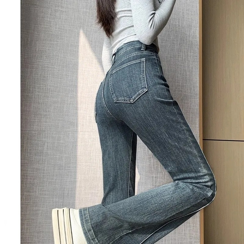 Quần jean cạp cao ống rộng dáng ôm dài phối viền phong cách Hàn Quốc QJ019250