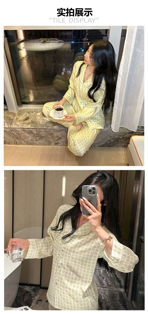 Đồ ngủ Pijama lụa xước hàng hiệu cộc tay vàng họa tiết kẻ caro DN409240