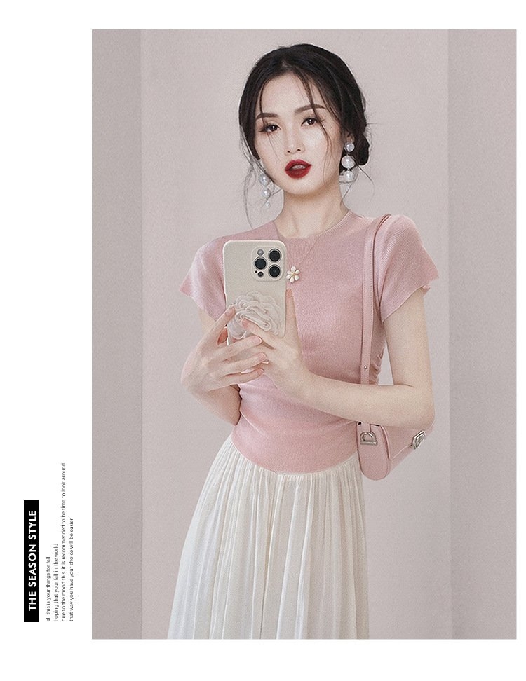 Set áo hồng váy trắng dài phong cách Hàn Quốc nhẹ nhàng tiểu thư hiện đại xu hướng mùa hè mới D133240