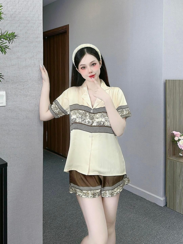 Set bộ đùi Pijama hàng hiệu form ngắn lụa cao cấp hottrent Màu nude phối họa tiết DN162240