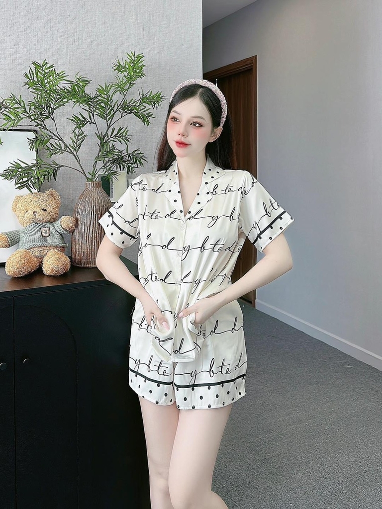 Set bộ đùi Pijama hàng hiệu form ngắn lụa cao cấp hottrent Trắng phối chữ DN163240