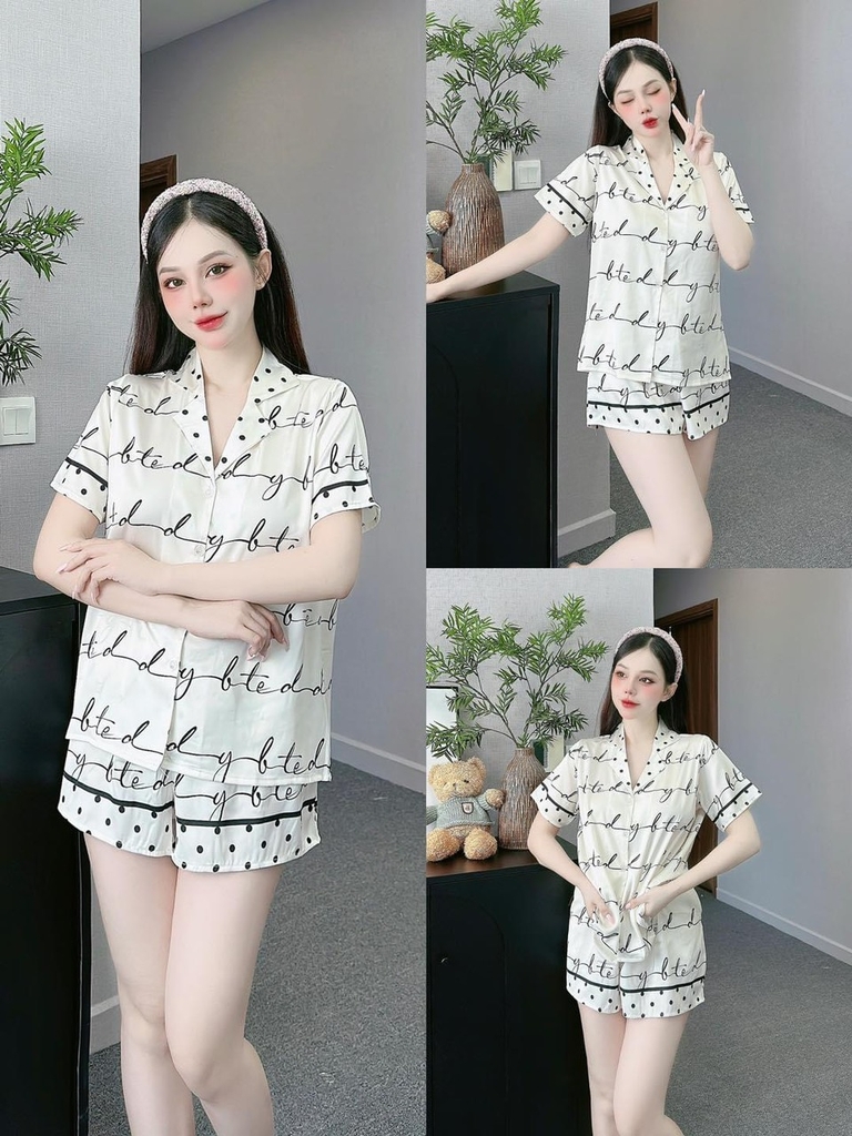 Set bộ đùi Pijama hàng hiệu form ngắn lụa cao cấp hottrent Trắng phối chữ DN163240