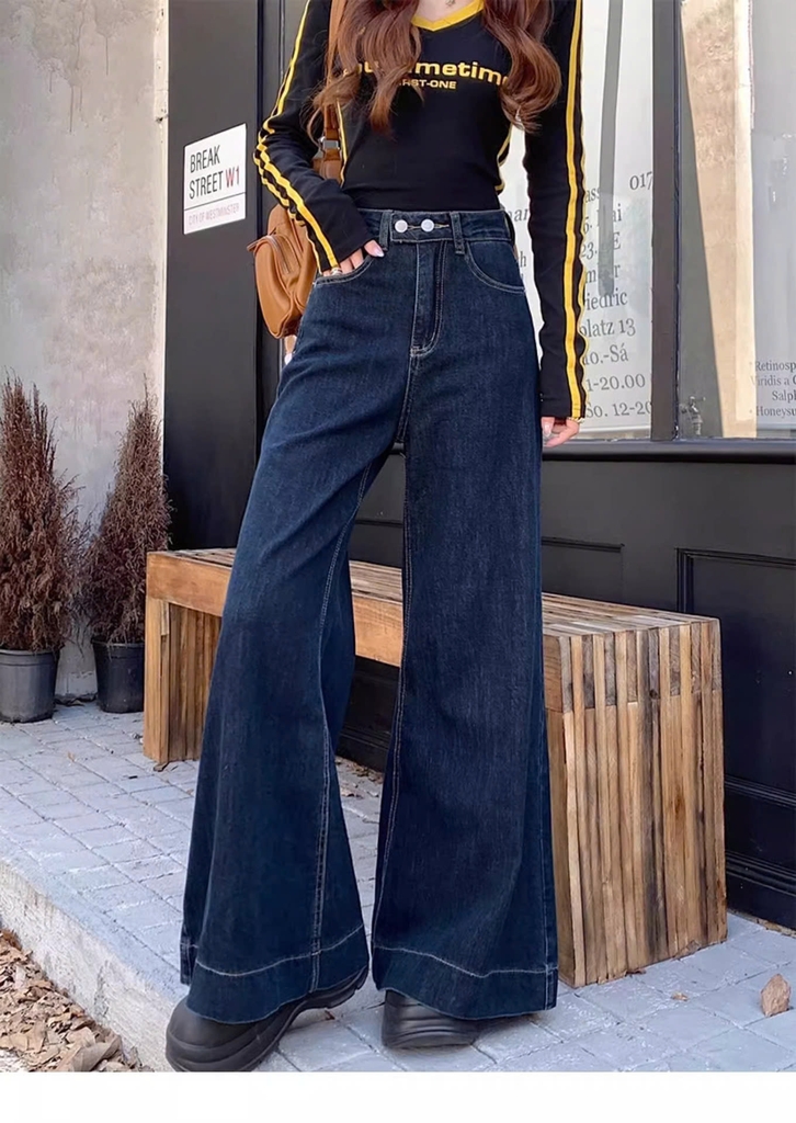 Quần Jean ống loe cạp cao đính 2 cúc phối túi trước phong cách Hàn Quốc QJ111240