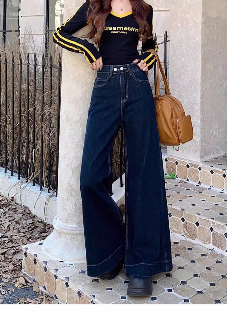 Quần Jean ống loe cạp cao đính 2 cúc phối túi trước phong cách Hàn Quốc QJ111240