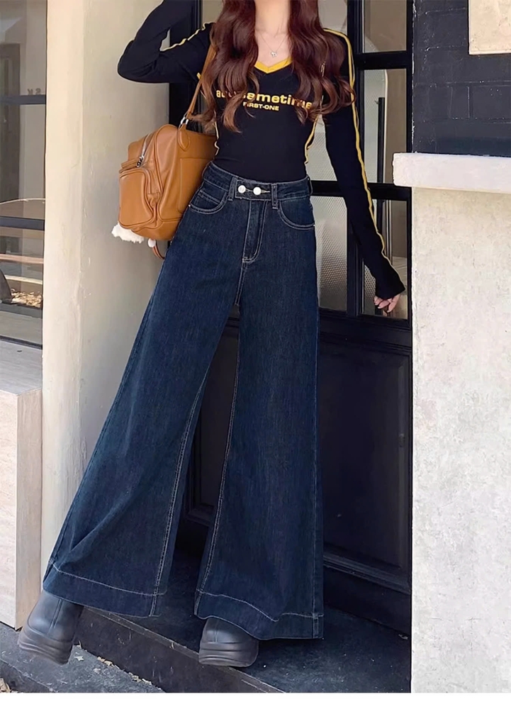 Quần Jean ống loe cạp cao đính 2 cúc phối túi trước phong cách Hàn Quốc QJ111240