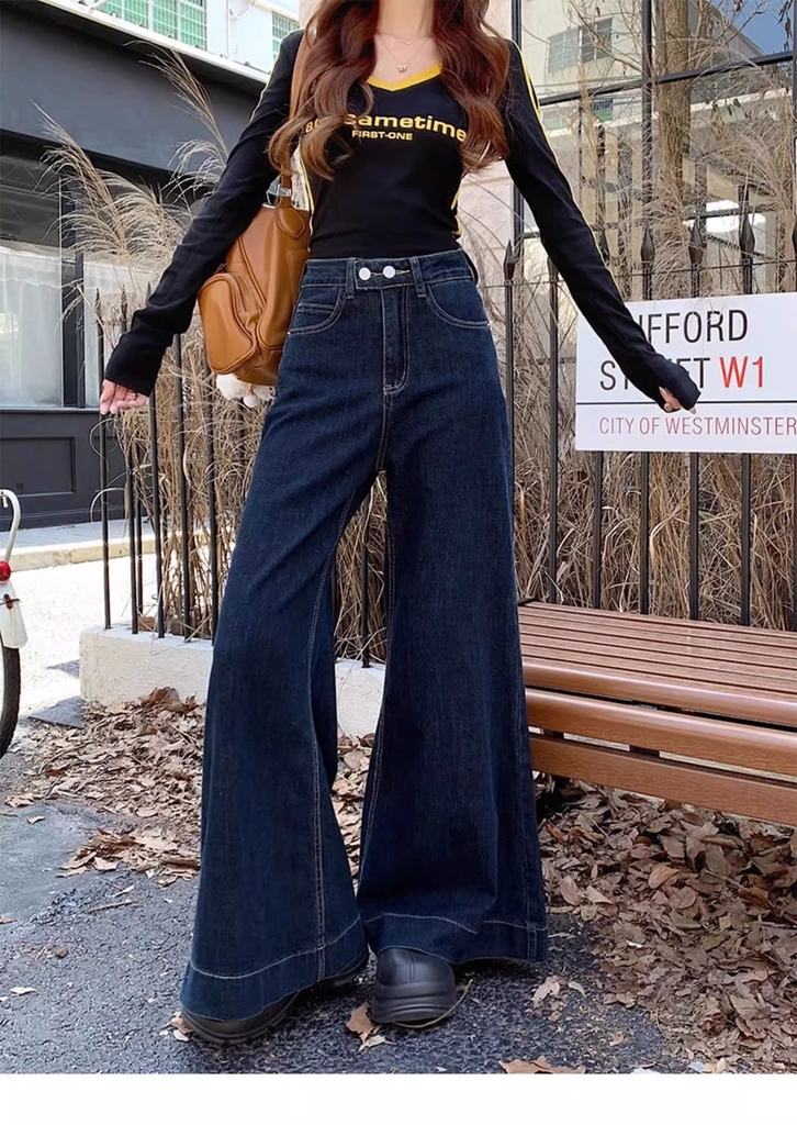 Quần Jean ống loe cạp cao đính 2 cúc phối túi trước phong cách Hàn Quốc QJ111240