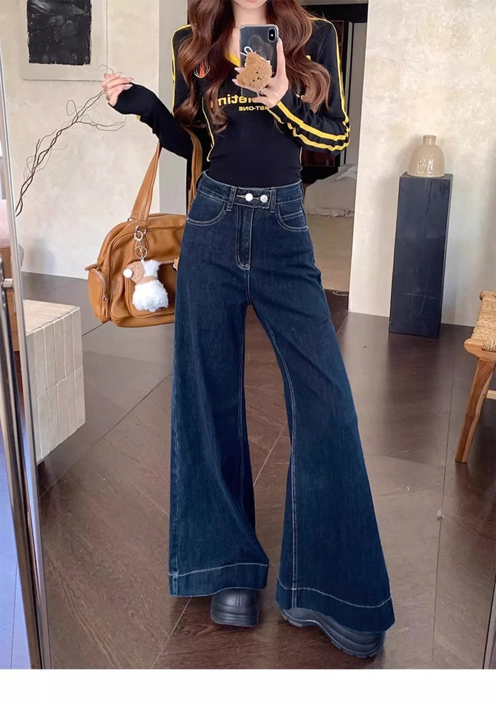 Quần Jean ống loe cạp cao đính 2 cúc phối túi trước phong cách Hàn Quốc QJ111240