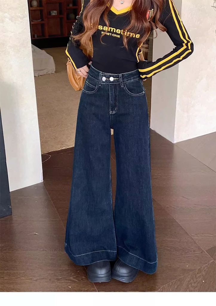 Quần Jean ống loe cạp cao đính 2 cúc phối túi trước phong cách Hàn Quốc QJ111240