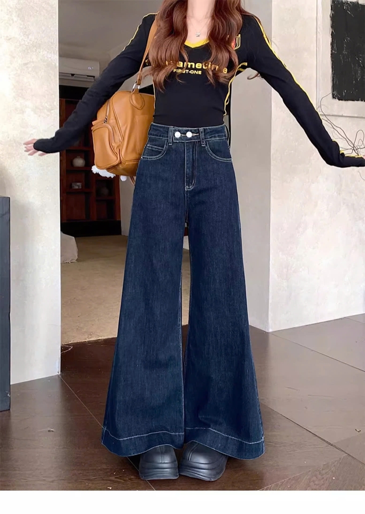 Quần Jean ống loe cạp cao đính 2 cúc phối túi trước phong cách Hàn Quốc QJ111240