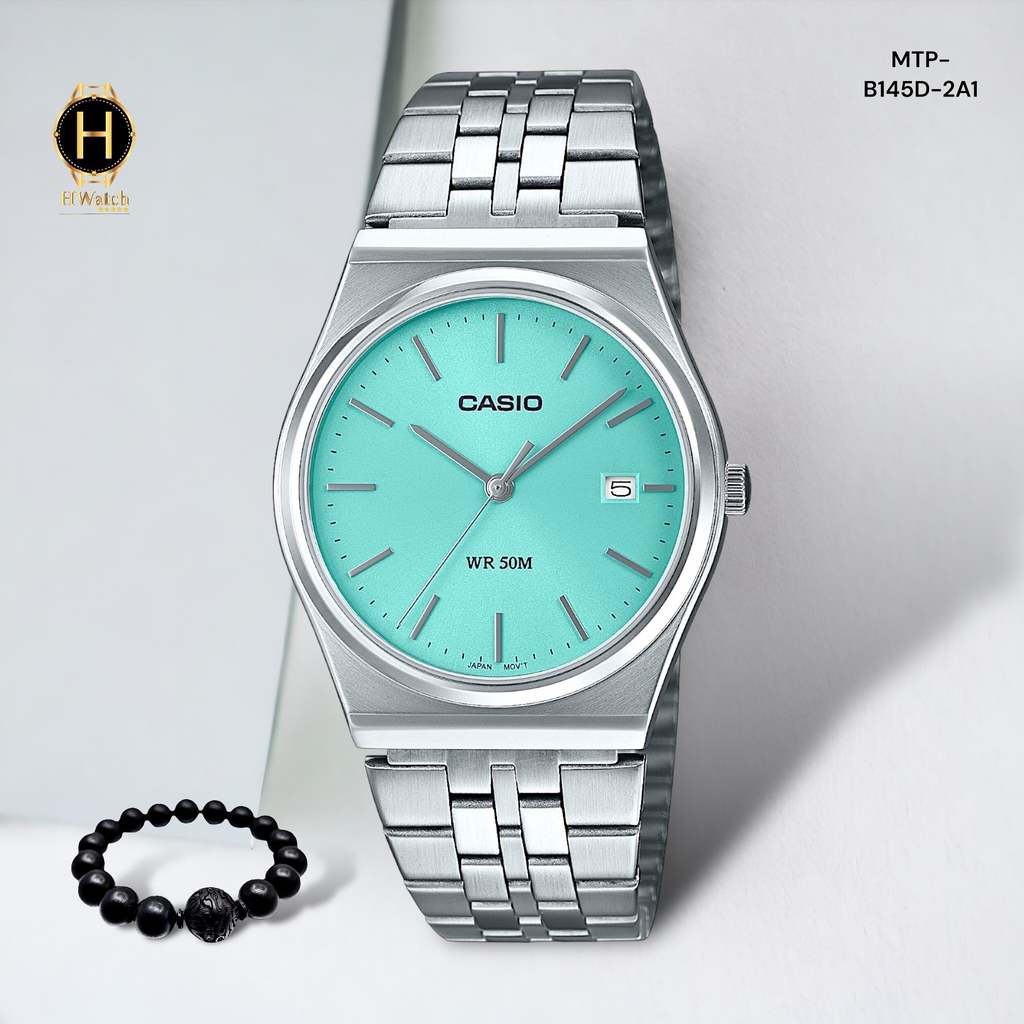 Đồng Hồ Nam Casio Pin MTP-B145D-2A1VDF Dây Thép Vỏ Trắng Mặt Xanh Dương Pastel