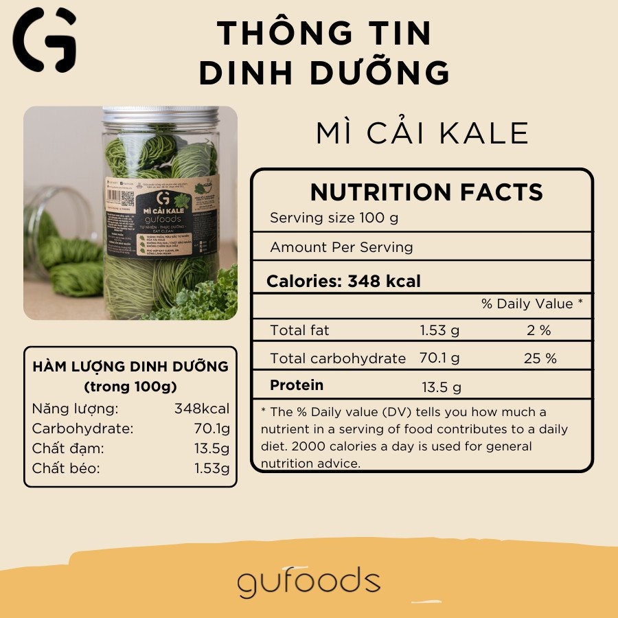 Mì cải Kale GUfoods (Gói 400g) - Giàu chất xơ, Tự nhiên, Healthy