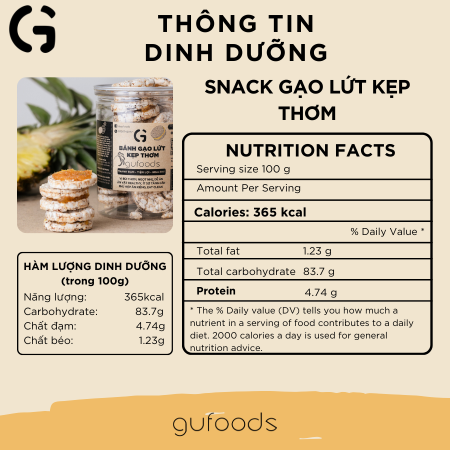 Snack gạo lứt kẹp thơm GUfoods - Chua ngọt thơm ngon, Giàu chất xơ, Snack ăn vặt healthy, Eat clean, Thuần chay (80g/150g)