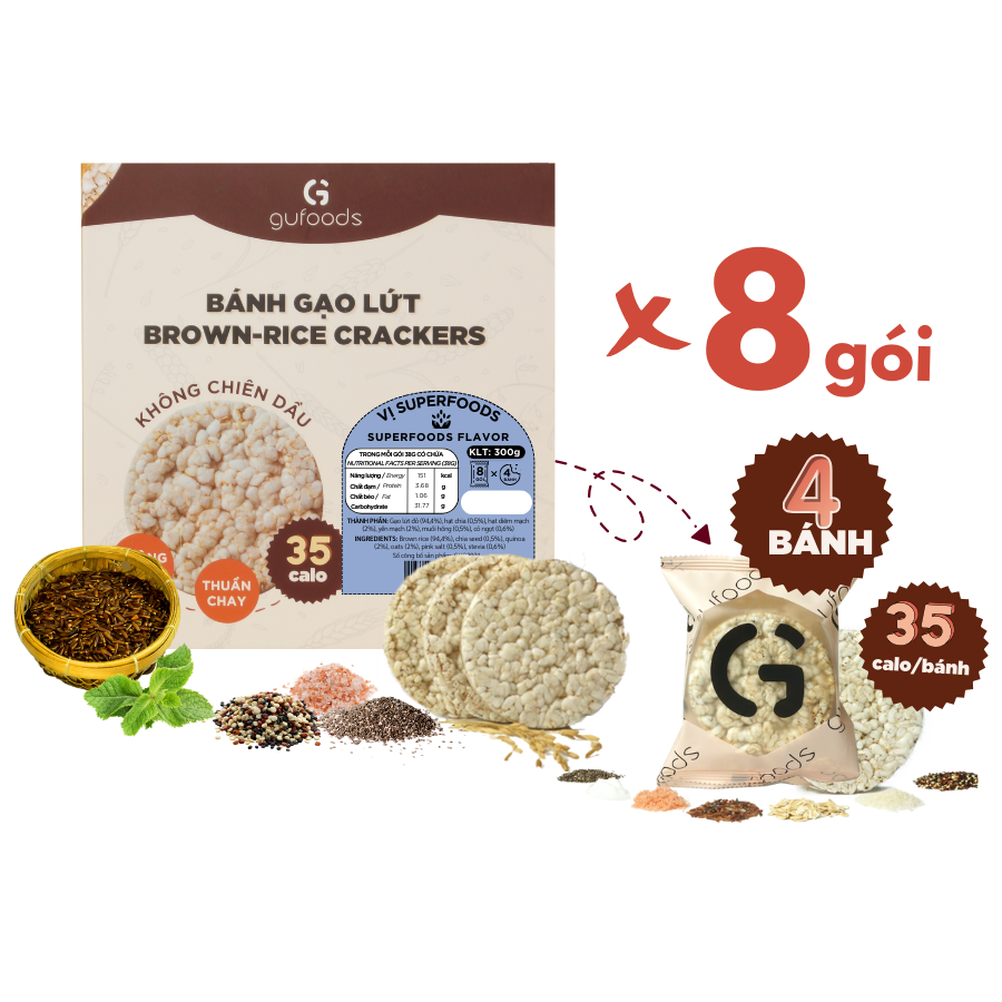 Bánh gạo lứt superfoods GUfoods - Mix siêu hạt chia + quinoa + yến mạch  - Ăn kiêng, Tập gym, Thực dưỡng