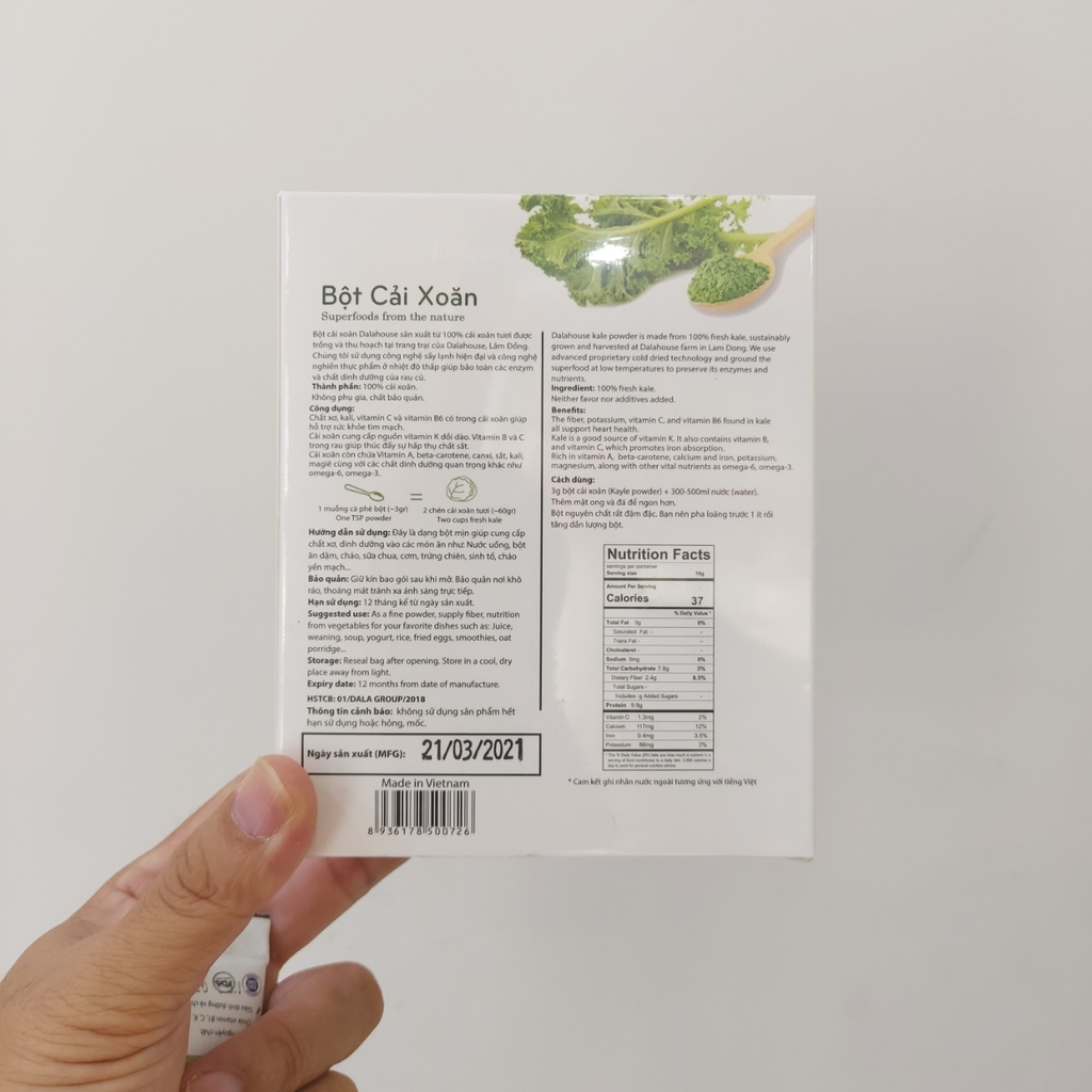 Bột cải xoăn (Kale) nguyên chất sấy lạnh Dalahouse hộp 60gr (20 gói x 3g)