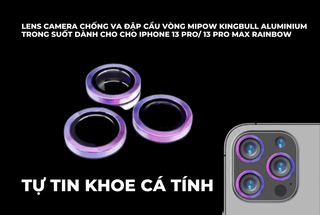 Lens camera chống va đập cầu vòng mipow kingbull aluminium trong suốt dành cho cho iPhone 13 pro/ 13 Pro Max Rainbow - Tự tin khoe cá tính