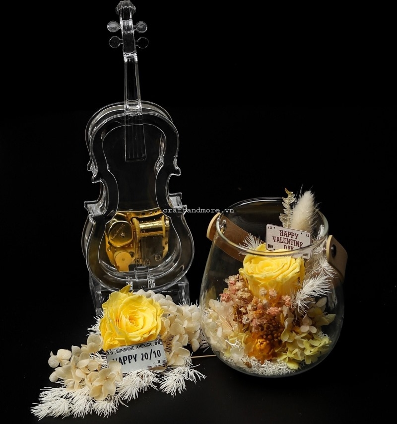 Hộp nhạc dây cót cao cấp violin - Hộp âm nhạc pha lê khắc tên