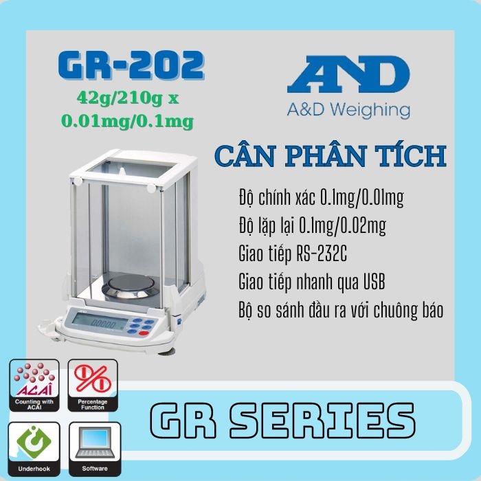 Cân điện tử - Cân phân tích 4 số AND GR-202 (42g/210g x 0.01mg/0.1mg)- Nhật Bản